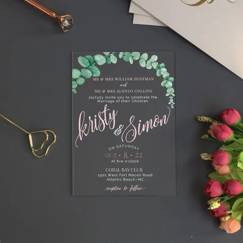 

Акриловое Свадебное приглашение на заказ, акриловые приглашения, эвкалипт, зеленые листья, зеленые свадебные приглашения