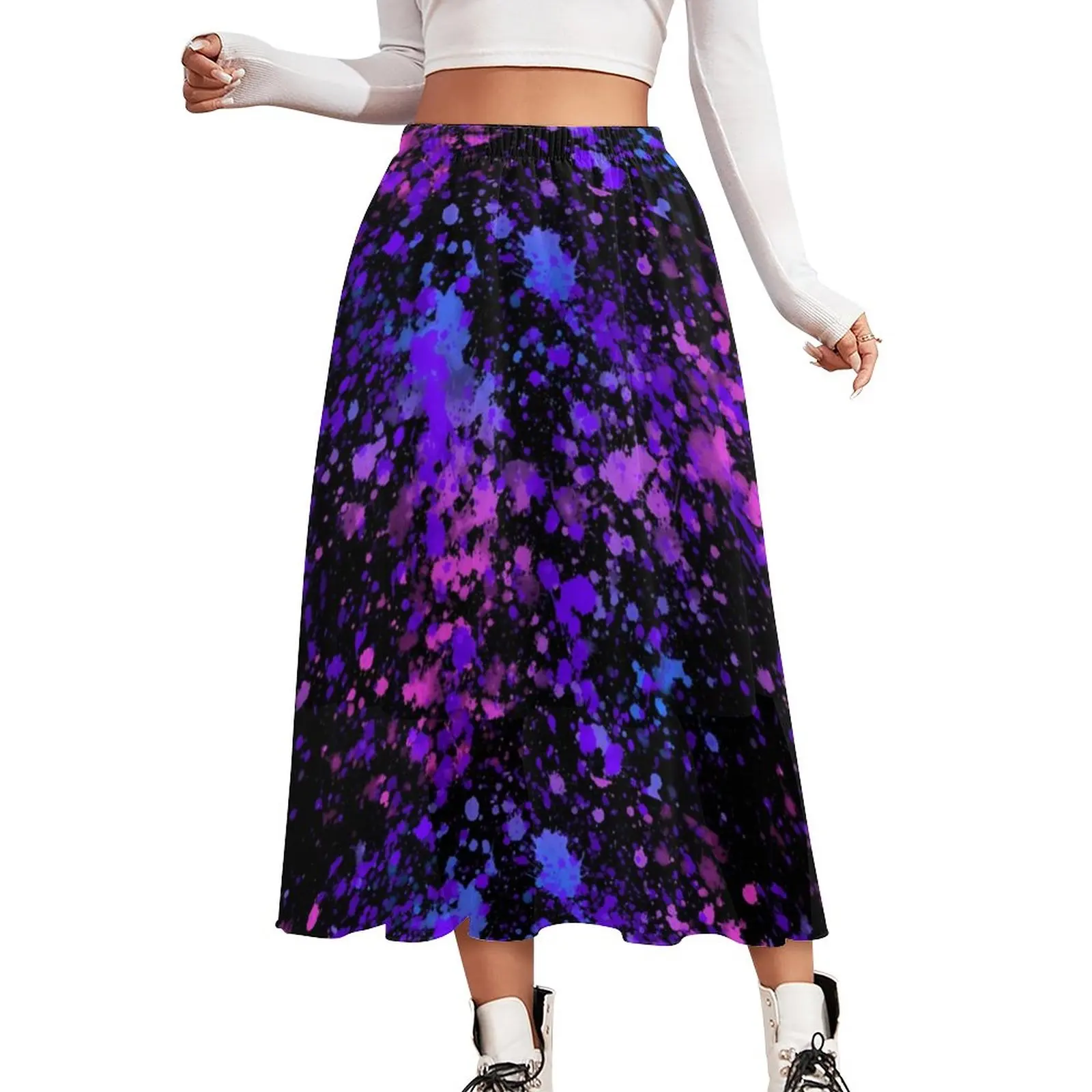 

Neon Paint Skirt Colorful Splatters Print Trendy Long Skirts Summer Aesthetic Elastic Waist Chiffon Print Oversize Casual Skirt