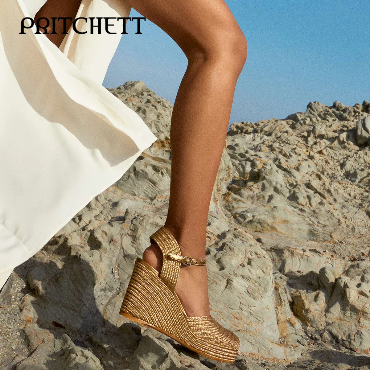 Gold Wedge Heel Espadrilles Round Toe Wedge Hollow Baotou High Heels Fashion Ankle Buckle Banquet Temperament Women's Shoes
