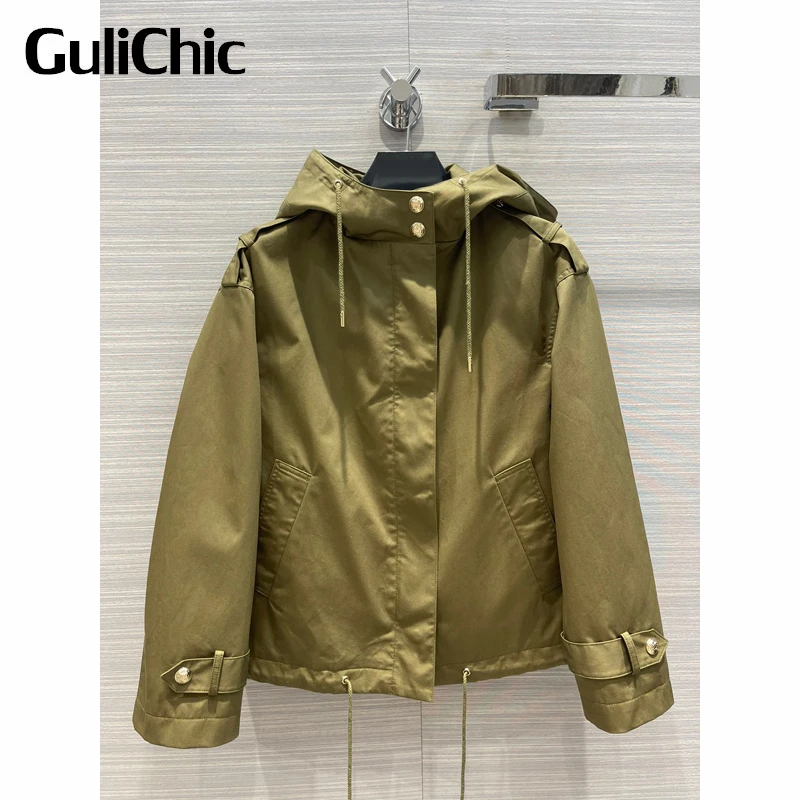 

7.28 GuliChic Women Vintage Button Decoration Solid Color Casual Long Sleeve Short Hooded Jacket