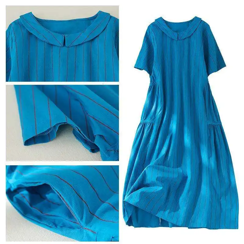 

Летнее стильное свободное платье-поло с воротником средней длины, прикрывающее живот, в Западную полоску, из хлопка и льна