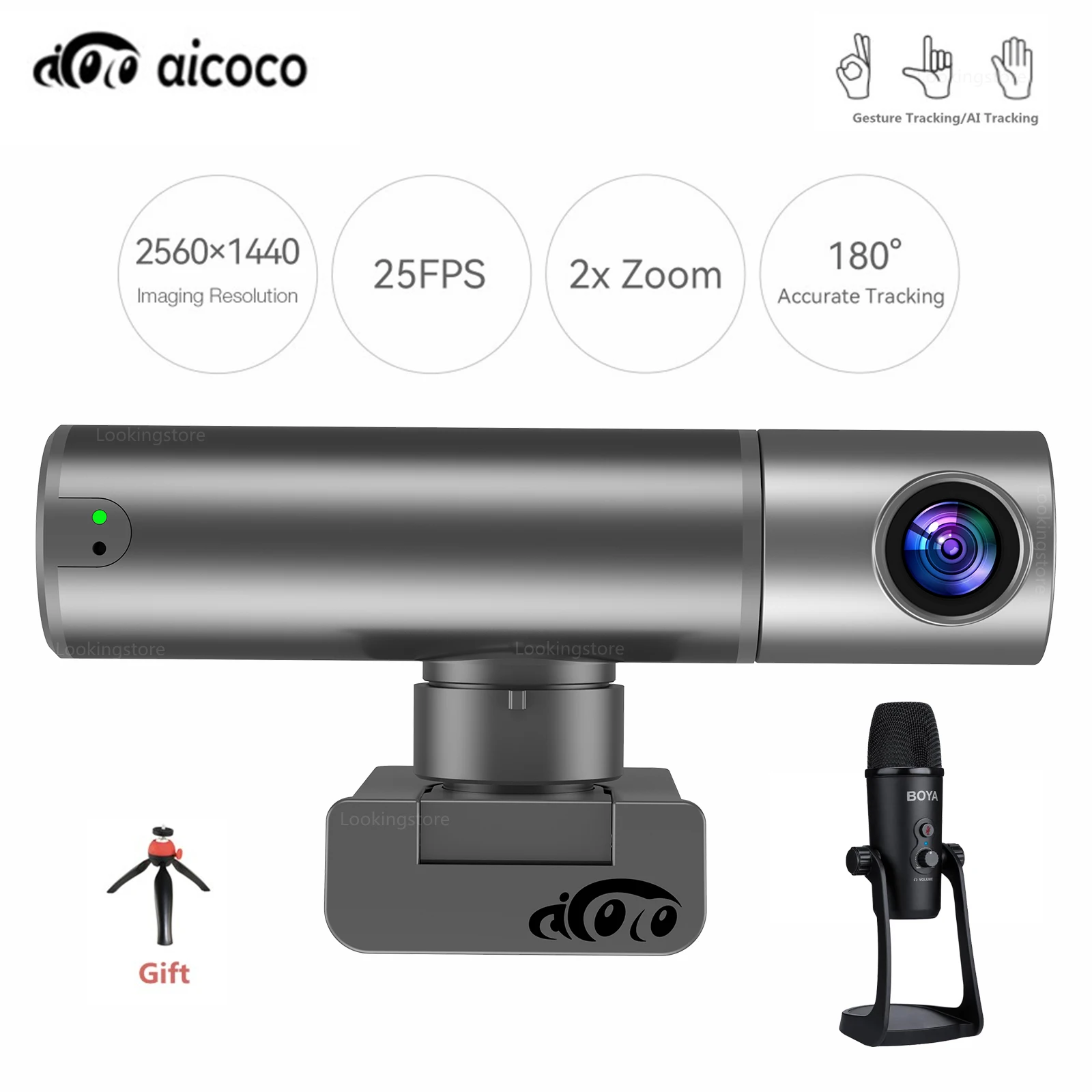 

Aicoco 2K Full HD Web Computer Camera Built-in Microphone USB Web Cam Ai Tracking Gesture tracking For Tiktok ZOOM Youtube Skype