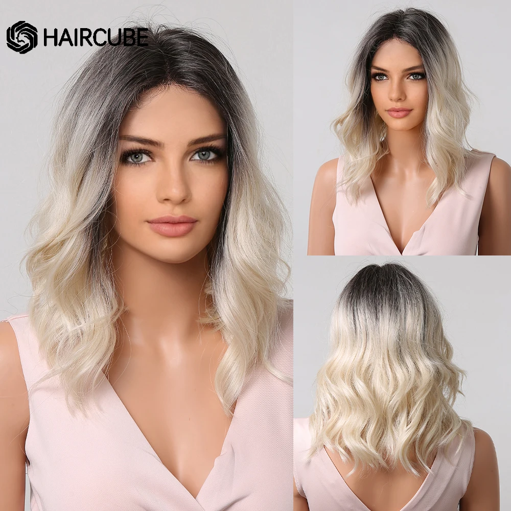 

HAIRCUBE Short Wavy Synthetic Wigs Ombre Black Platinum Blonde Bob Wigs for Black Women Daily Lolita Wigs Heat Resistant Natural