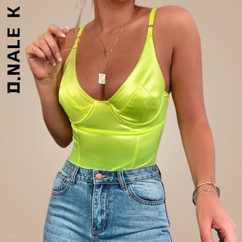 

D.Nale K V Neck Sexy Bodysuit Stretchy Women Body Spaghetti Strap Playsuits Backless Summer Female Gold Green Pink Jumpsuit