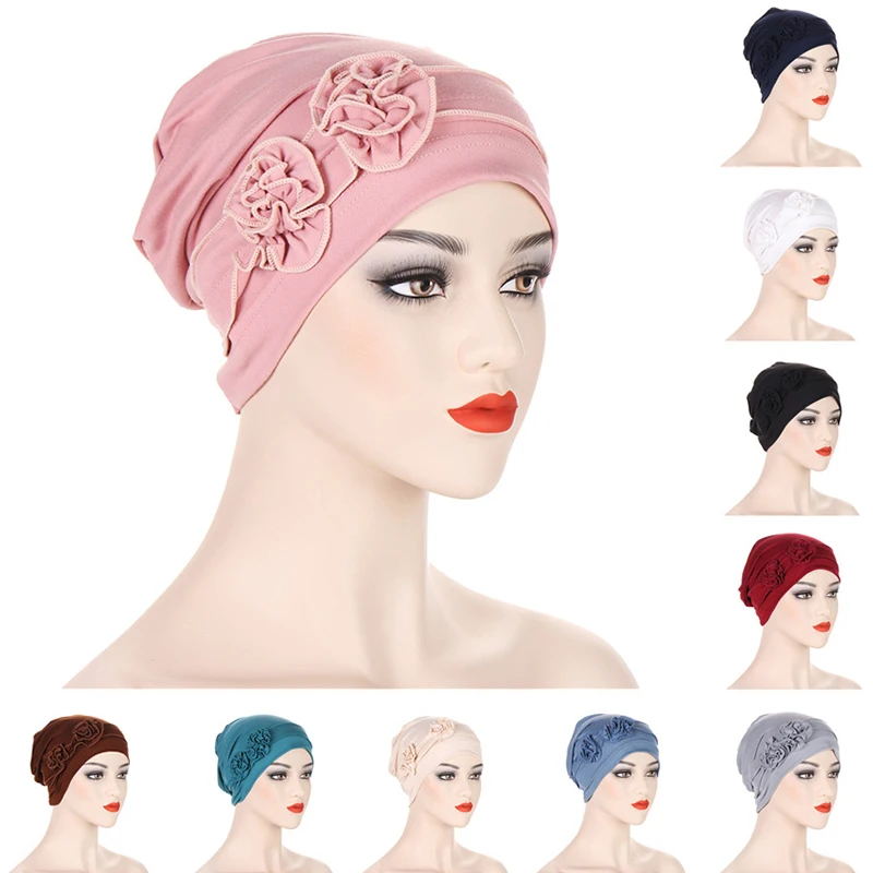 

Muslim newly Solid color big flower Women's Hats Spring Floral Beanie Hat Muslim Stretch Turban Hat Cap Hair Loss Headwear Hijib