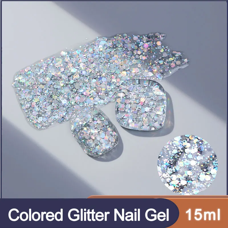 12color Sharp Flash Silver Gel Nail Polish UV LED Varnish Semi Permanent Gel Resplendent Glitter Broken Effect Nail Art Gel 15ml