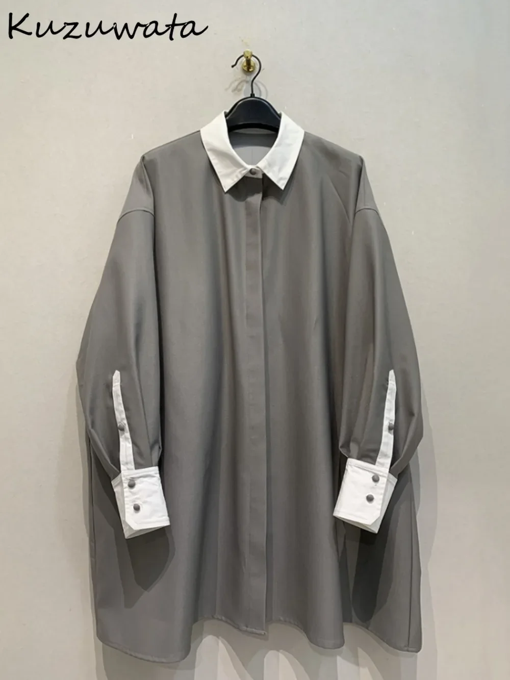 Kuzuwata повседневные лоскутные топы с отложным воротником и длинными рукавами