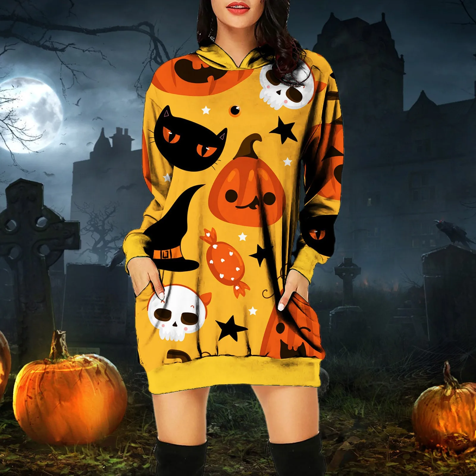 

Hoodies Warm Women Women Fashion Halloween Printed Long Sleeve Hooded Women Hoodie Pullover Mid Length Tops With Sweater Petite