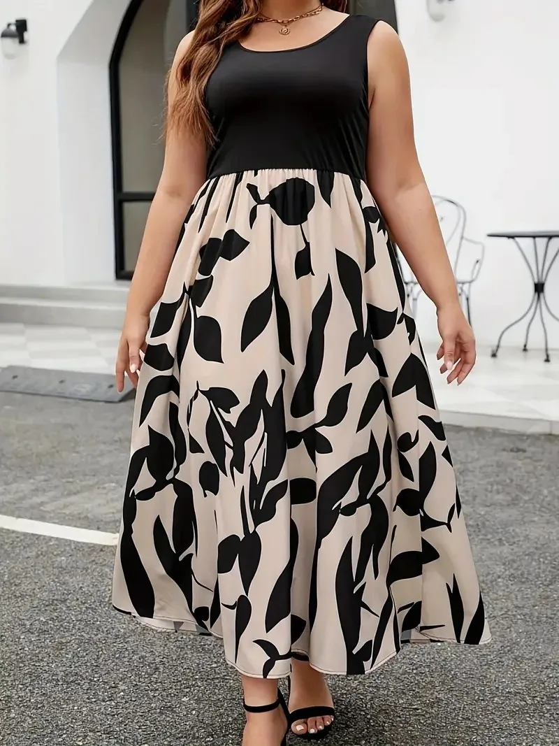 Женское платье-макси без рукавов с круглым вырезом и эластичным поясом