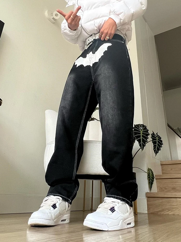 Hot Sale Printed Black Jeans For Men Y2K Fashion Graphic Painted Baggy Casual Trousers Loose Straight Leg Cotton Denim Pants New