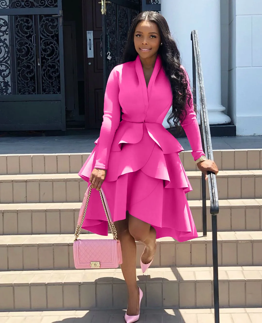 

African Ruffle Hem A-line Dresses Office Lady Fashion Casual Temperament Commuting Color Mid-waist Slim Women's Dress Party Robe