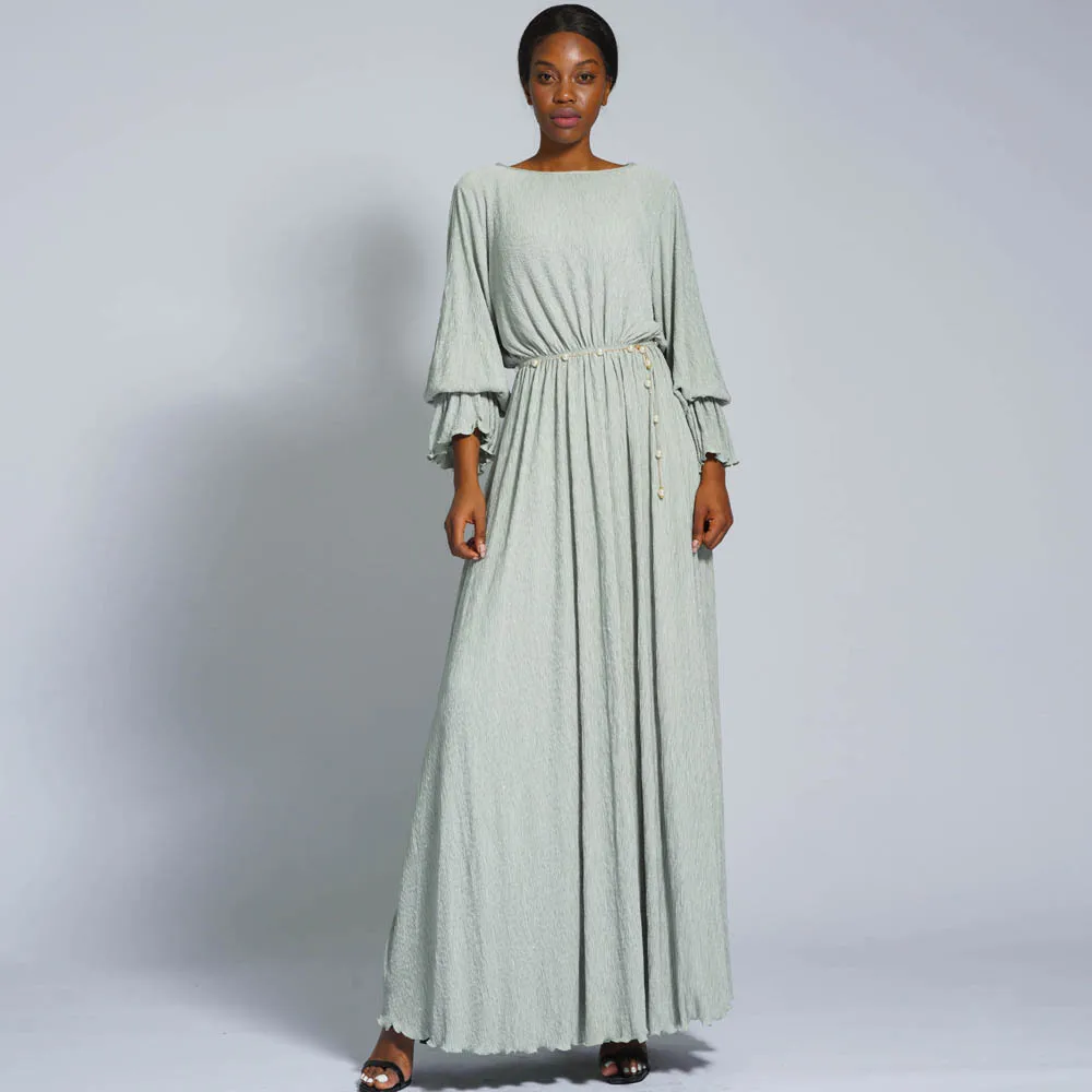 

Muslim Pleated Belt Flare Sleeve Dress Belted Women Elegant O-Neck Dresses 2023 Summer Loose Solid Loose Islamic Lady Vestidos