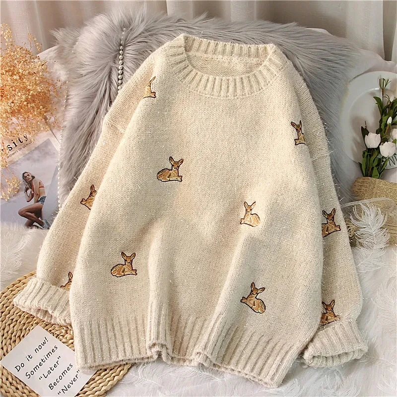 

DAYIFUN Knitted Sweater Deer Embroidery Pullovers Women Kawaii College Style Thick Cute Loose Harajuku Female Clothing Outerwear