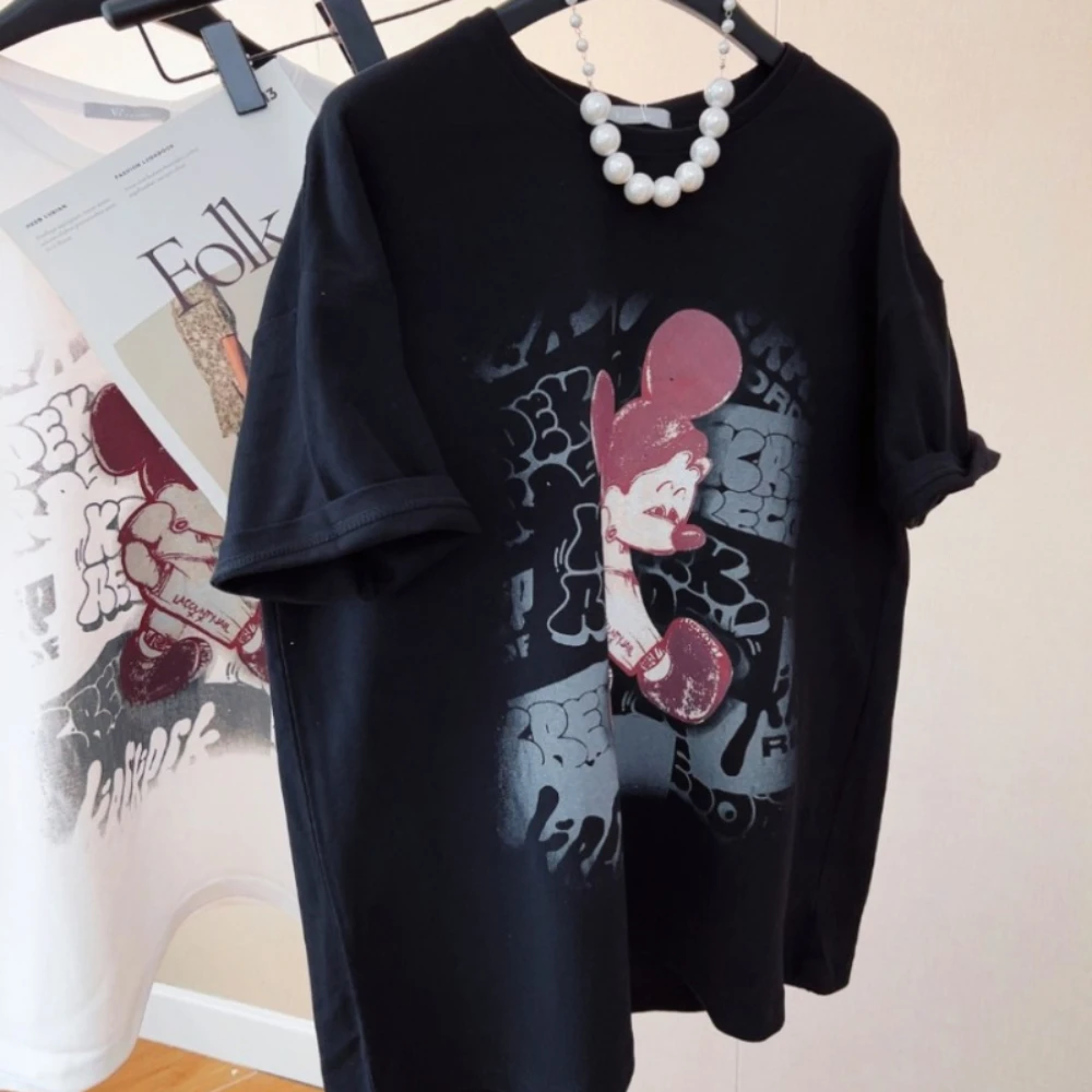 

American Retro Cartoon Loose Large Short Sleeve T-shirt Female 2023 Autumn Winter Thickening BF Style Slimming Inner Top Tees