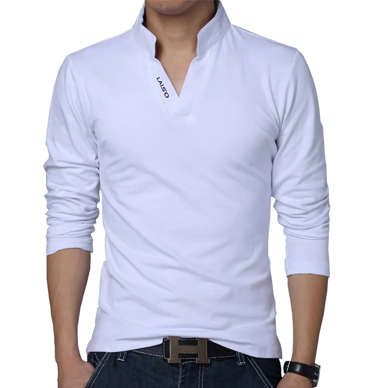 

2023 Cotton Solid Color T Shirt Men Mandarin Collar Long Sleeve Top Brand Slim Fit Tee Shirts 5XL T Shirt Men Fitted Comfortable