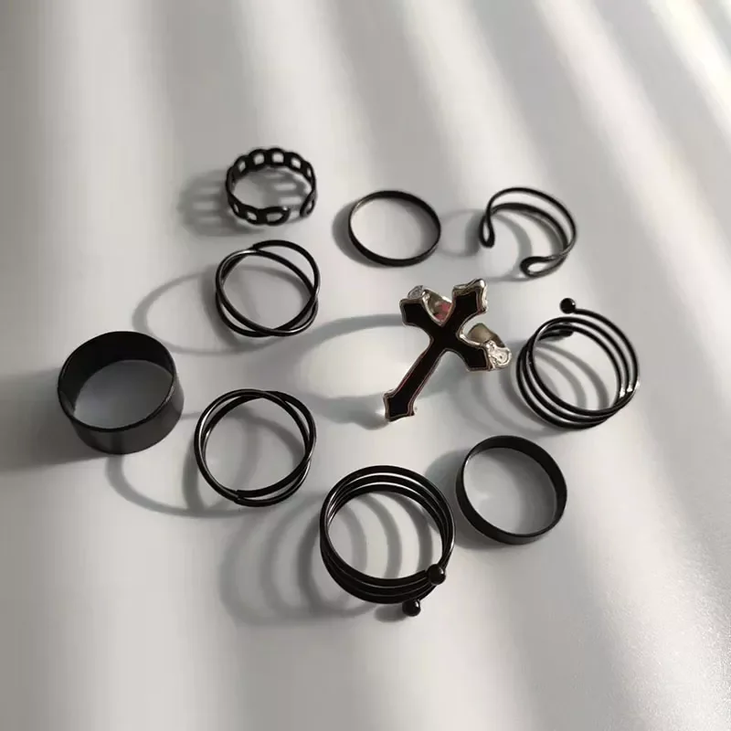

Women Ring Set Punk Cool Anillos Vintage Simple Black Cross Chain Joint Rings Sets Women Accessories Jewelry Gifts Party