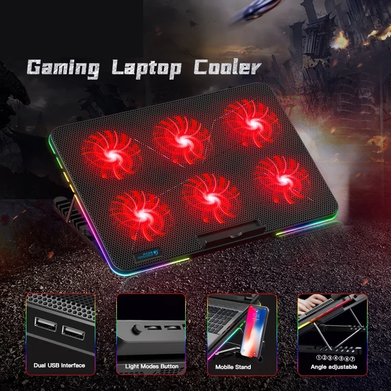 

Подсветка RGB 2023, игровой стиль, 6 вентиляторов, экран для ноутбука 12-15,6 дюймов, охлаждающая подставка для ноутбука со стандартным держателем