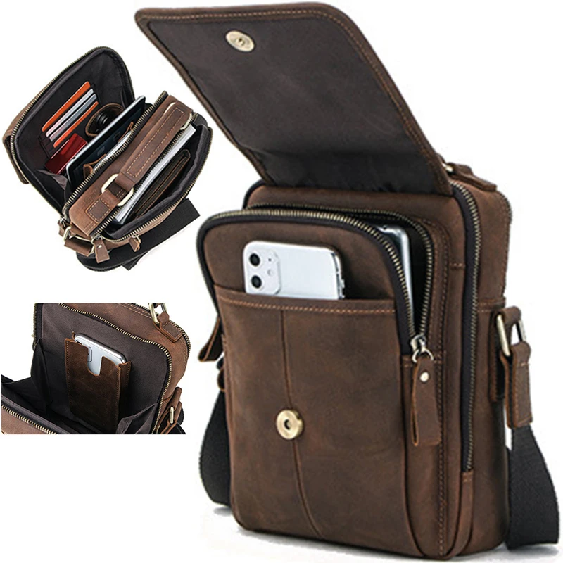 Men Top Layer Cowhide Genuine Leather Shoulder Bags Pack Fashion Crossbody Waterproof Travel Sling Bags Messenger Pack for Male
