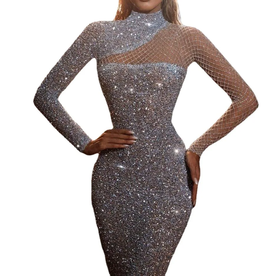 2023 Spring new arrival fashion sexy stand neck sequins slim fit elegant gown long sleeved temperament ladies evening dress