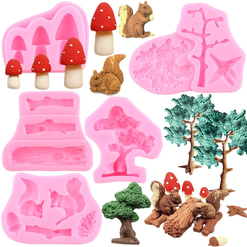 

Forest Animals Silicone Molds Squirrel Chocolate Candy Mould Woodland Stump Pine Cones Tree Trunk Fondant Cake Decorating Tools