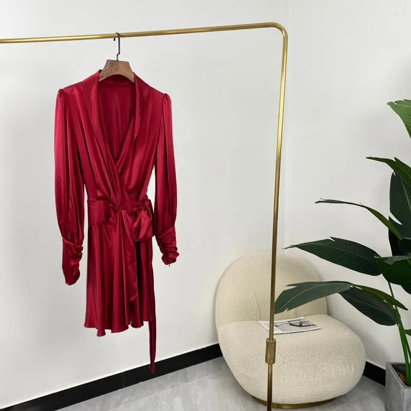 

100% Thick Satin Silk Top Quality Summer Ladies Fashion A-line Solid Self-tie Waist Belt Long Sleeve Mini Dresses
