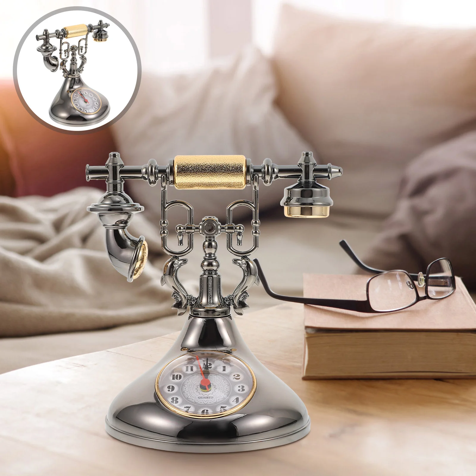 

Old Fashioned Alarm Clockationsations Telephone Clock Home Ornament Unique Delicate Bedside Decor Decorative Statue Adornment