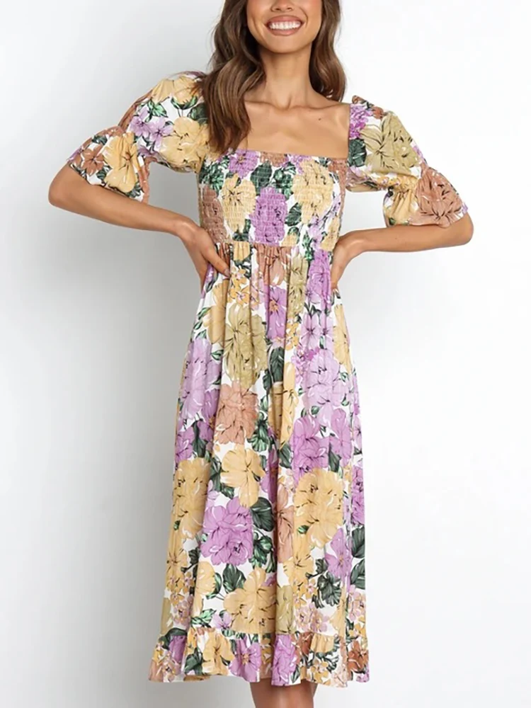 

Trendeez Slouchy Floral Square-Neck Ruffled Puff-Sleeve A-Line Midi Dress