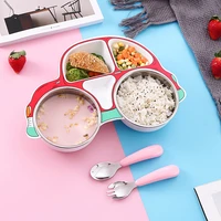 stainless steel baby feeding bowl children tableware set cute cartoon car shape dishes plate with spoon fork for eating training