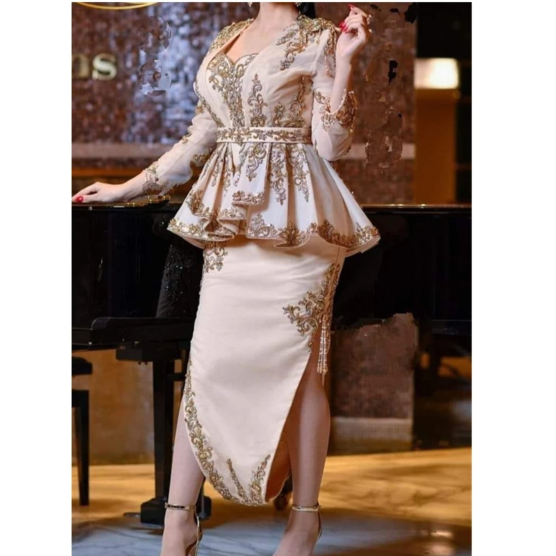 Karakou Algerian Prom Dresses For Women Long Sleeves Gold Lace Appliques Double Side Slit Traditional Formal Evening Gowns