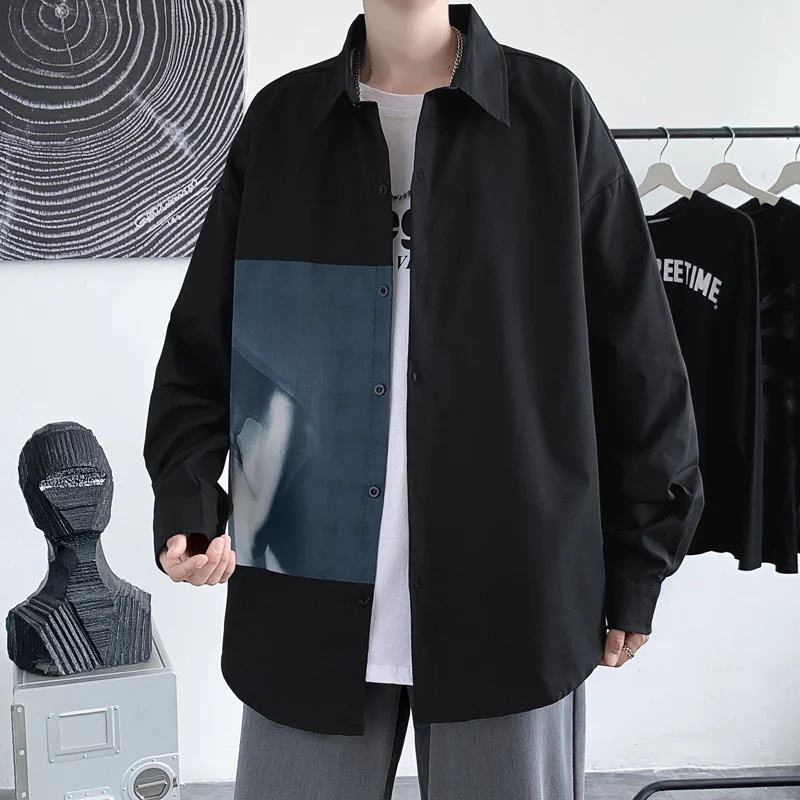 Shirts Men Autumn Japanese Casual Basic Loose Simple Patchwork Fashion Classic Teens BF Handsome Chemise Retro Homme All-match