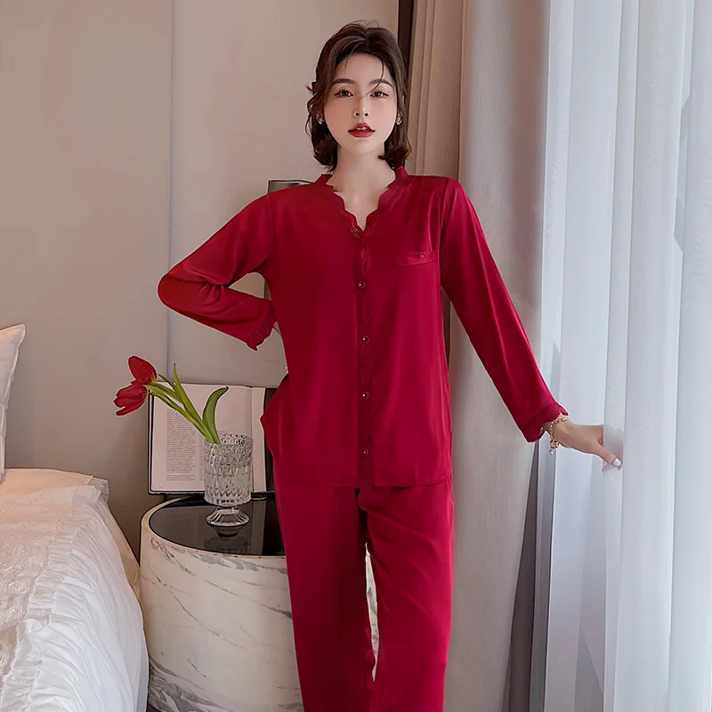 New Spring Summer Pajamas Lace Sexy Simulation Silk Pajama Female Casual Comfortable Sweet Home Wear Two-piece Suits
