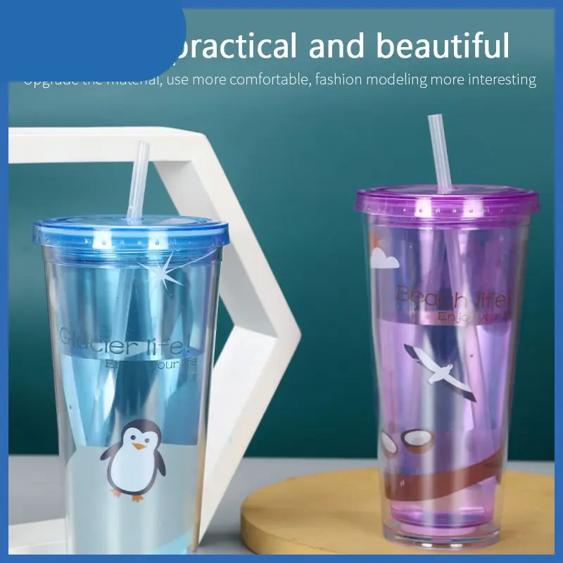 

Reusable Straw Cup Sequined Glitter Cup Coffee Juice Straw Mug Personalized Plastic Bottom Outdoor Portable Cup 600ml 2-layers