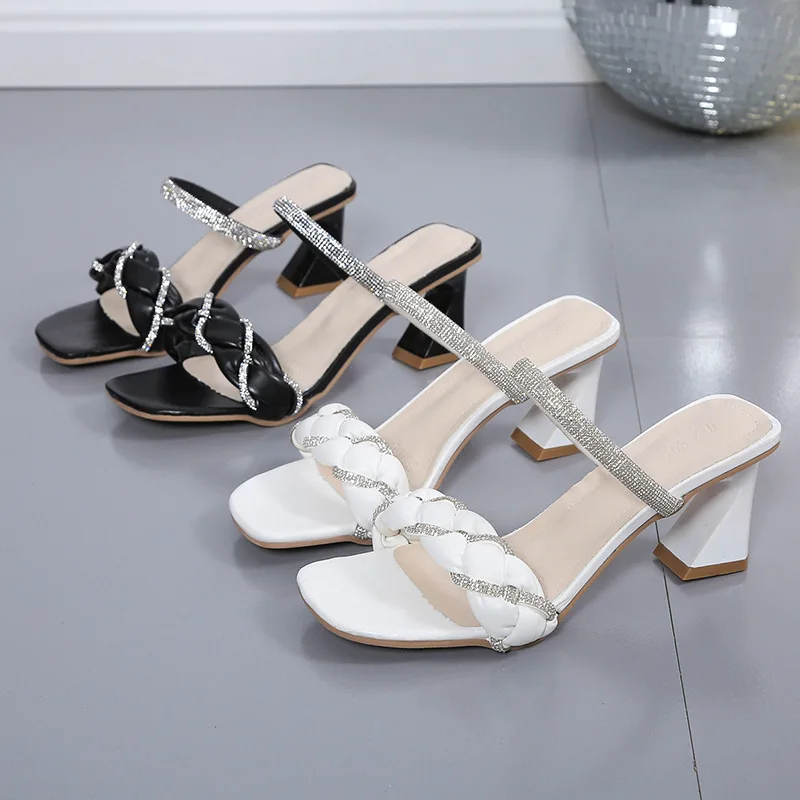 

Summer Women Slides Crystal Weave Slippers High Heels Shoes Woman Pumps Ins Knitted Mujer Sandalias
