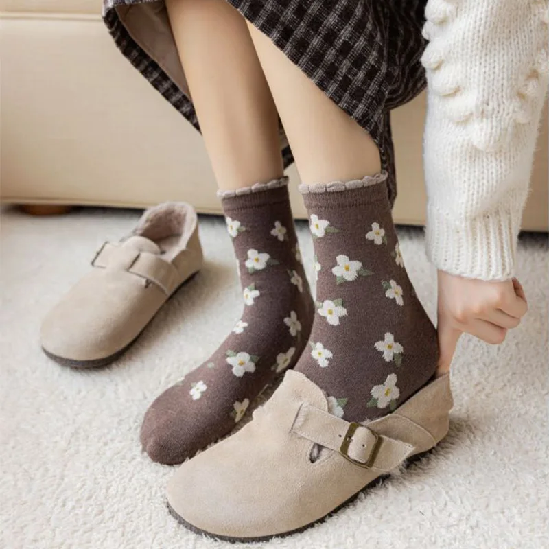 5 Pair Fashion Print Wool Socks For Women Cute Heart Thick Keep Warm Socks Set Cycling Korean Style Kawaii Female Calcetas Mujer