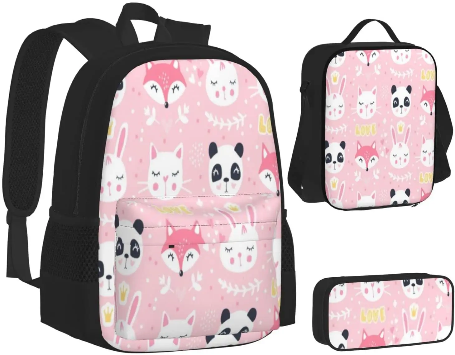 Kids School Backpack Fox, Panda, Cat Schoolbag Travel Bag Casual Daypack Lunch Bag Pencil Case for Boys Teens Girls 3pcs Sets