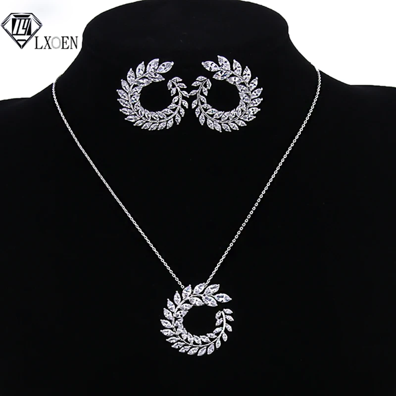 

LXOEN Luxury AAA Zircon Olive Branch Pendant Set For Women Fashion White Rose Gold Color Wedding Jewelry Sets For Party