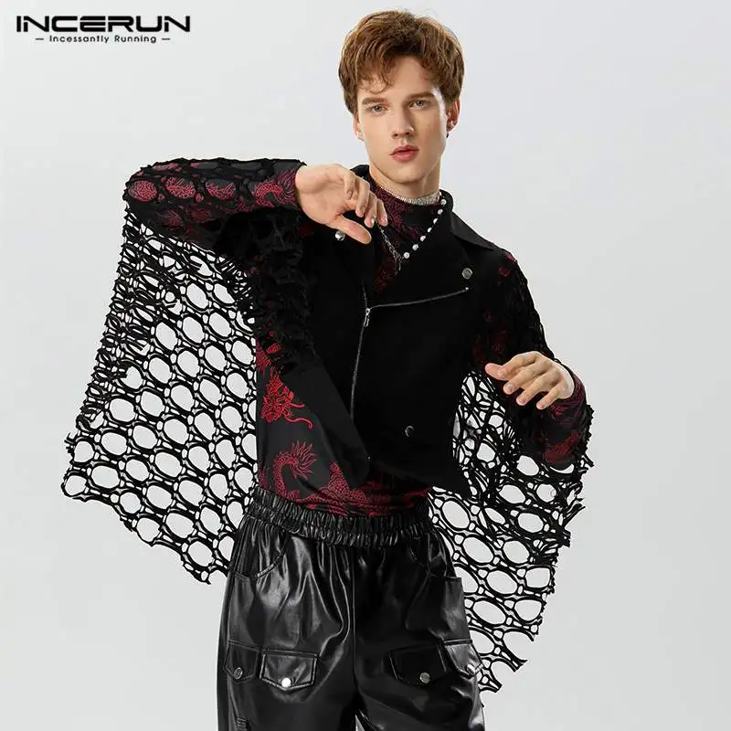 

INCERUN Tops 2023 American Style New Men Hollow Mesh Locomotive Wind Design Trench Coat Casual Street Lapel Patchwork Cape S-5XL