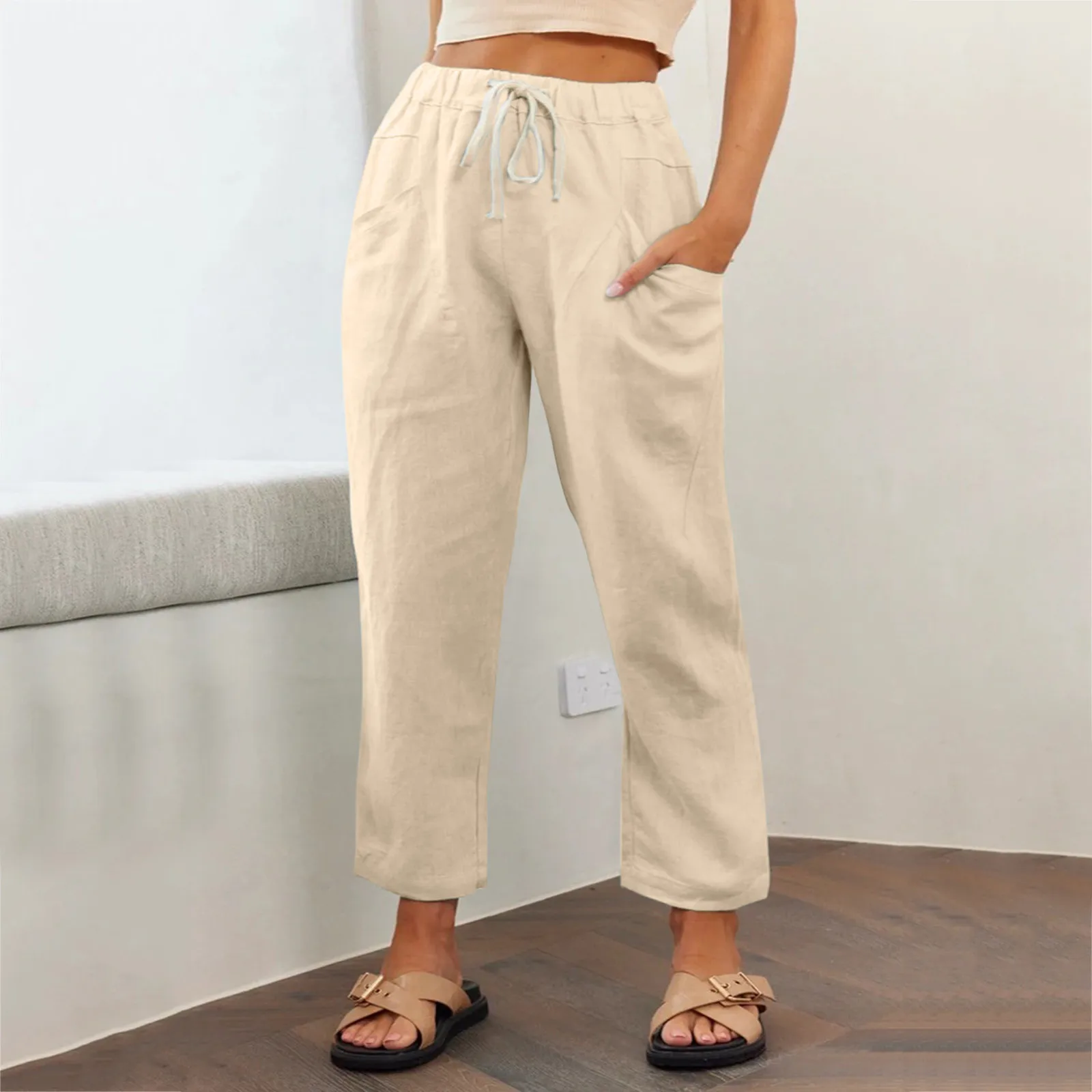 

2022 Summer Casual Cotton Linen Pants Women Long Trousers Elastic Waist Drawstrings Pockets Loose Trousers Harem Pants Female