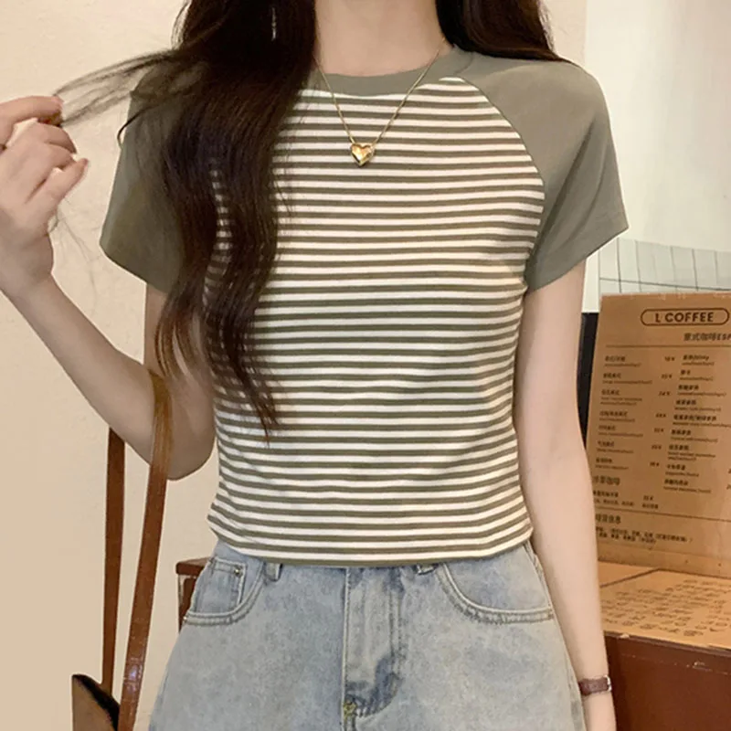 

Striped T Shirt For Women Cotton Crop Top Vintage Clothes Slim Short Sleeve Tshirt Ladies 2023 Summer Top Mujer T-shirts Female