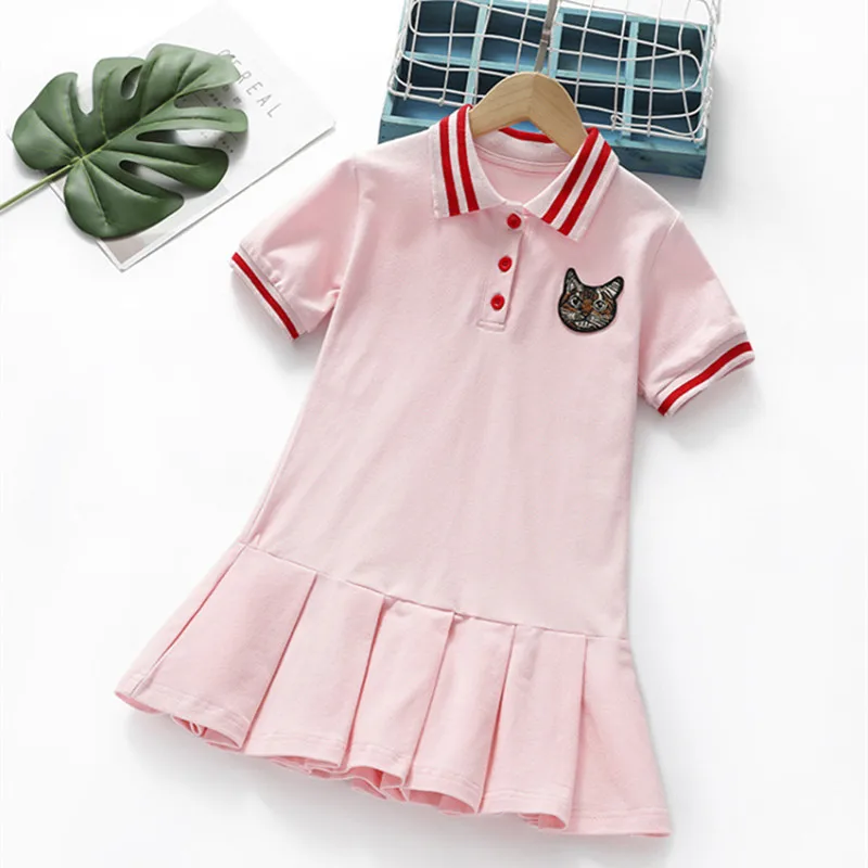 Baby Girls Dress 2022 Summer New Cute Cartoon Cat Embroidered Polo Neck Fashion Princess Dresses 3-7 Years Kids Casual Clothing | Детская