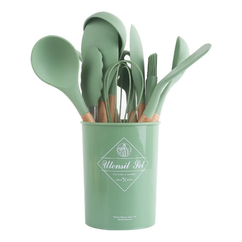 silicone kitchen cooking utensil set with storage box non stick cookware for countertop wooden cook gadgets kitchen utensils free global shipping