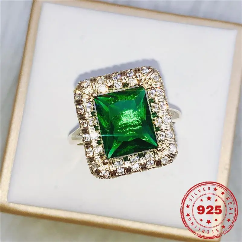 

925 Silver Color Emerald Ring for Women Green Jade Anillos Turquoise Bizuteria Luxury Wedding Gemstone Jewelry Diamond Rings