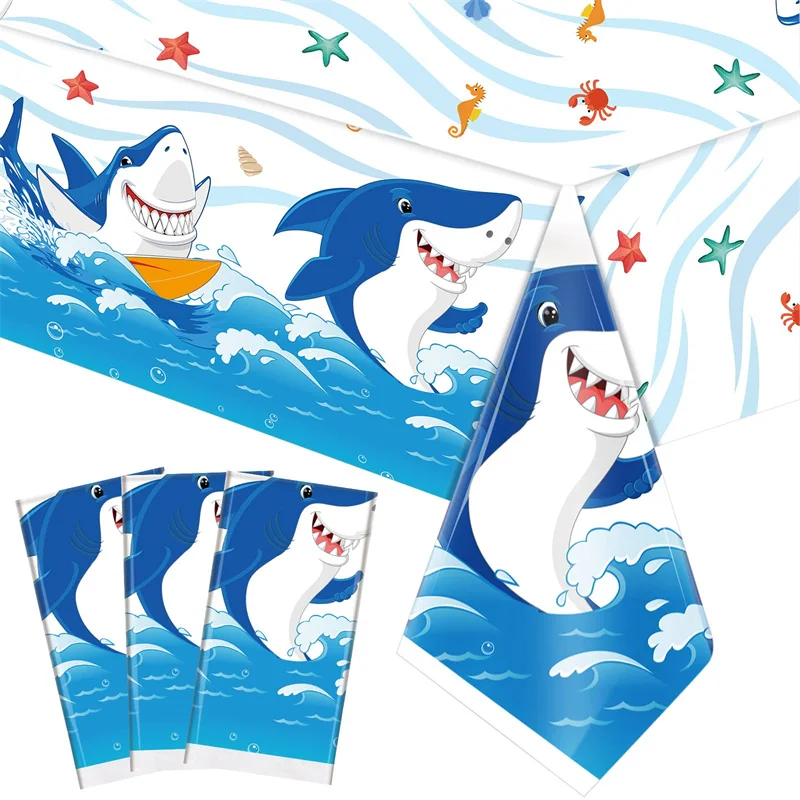 

Скатерть в виде акулы на день рождения, декоративный коврик для стола в виде синего океана, акулы, одноразовая прямоугольная пластиковая ск...