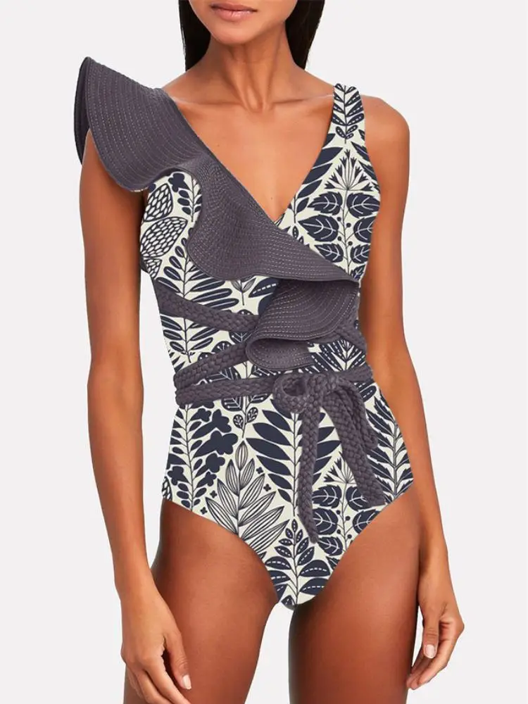 

Colorblock Print One-Piece Swimsuit Deep V-Neck Ruffle Swimwear tummy Control Beach Bathing Suit Women 2023 Luxury Designer