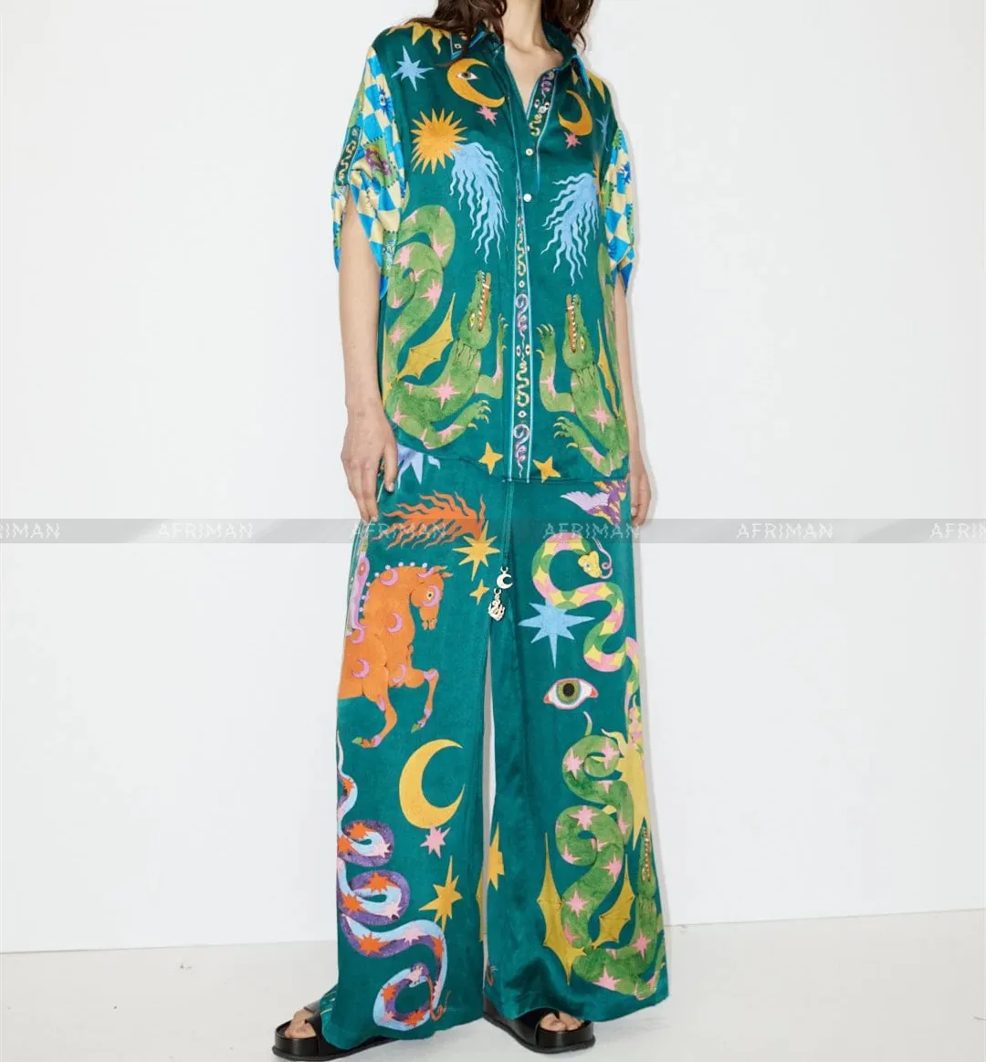 Women's 100% Silk Satin Moon Print Single Breasted Shirt with High Waist Wide Leg Pants