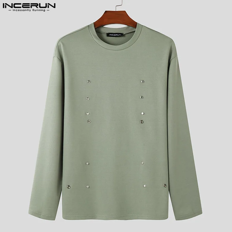 INCERUN мужские топы с круглым вырезом и длинным рукавом однотонные повседневные