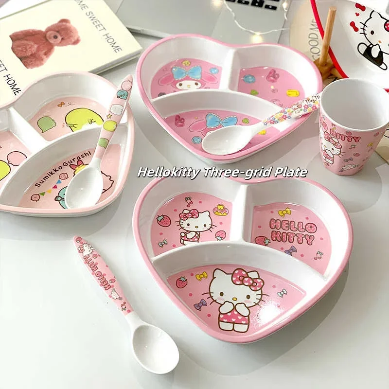 Новая мультяшная тарелка Sanrio Hello Kittys в форме сердца с тремя сетками домашняя