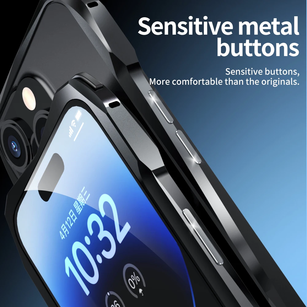 Luphie Metal Bumper For iphone 14 Pro Max Lightweight Aluminum Alloy Frame 14Plus 13 Shockproof Case Back Skin+Lens Protector