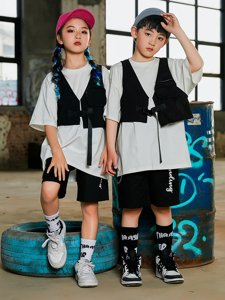 

Children Street Dance Hip Hop Loose TShirt Black Vest Shorts Summer Hip Hop Clothing Casual Wear Girls Jazz Costume Boy DNV16195
