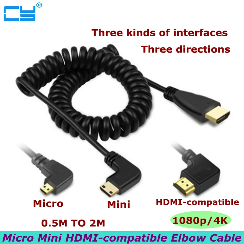 Mini Cabo de Ângulo Direito e Esquerdo Compatível com Hdmi Micro Hdmi Macho para Macho Stretch Spring Curl Flexível V1.4 Dslr 2m